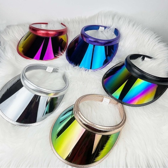 Metallic iridescent silver pink sun visor hat beach rave festival concert events